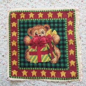 Embroidery Petit Point Teddy Bear Gift Red Christmas Decor Wall Hanging ~14x14